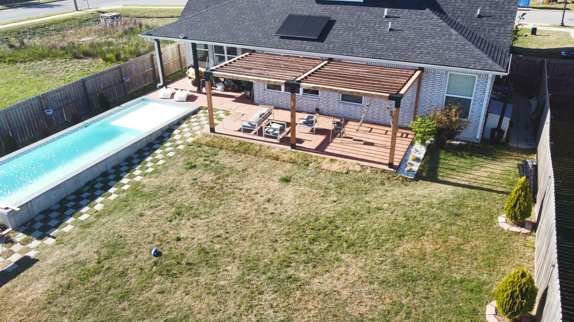 The pergola patio and pool from above